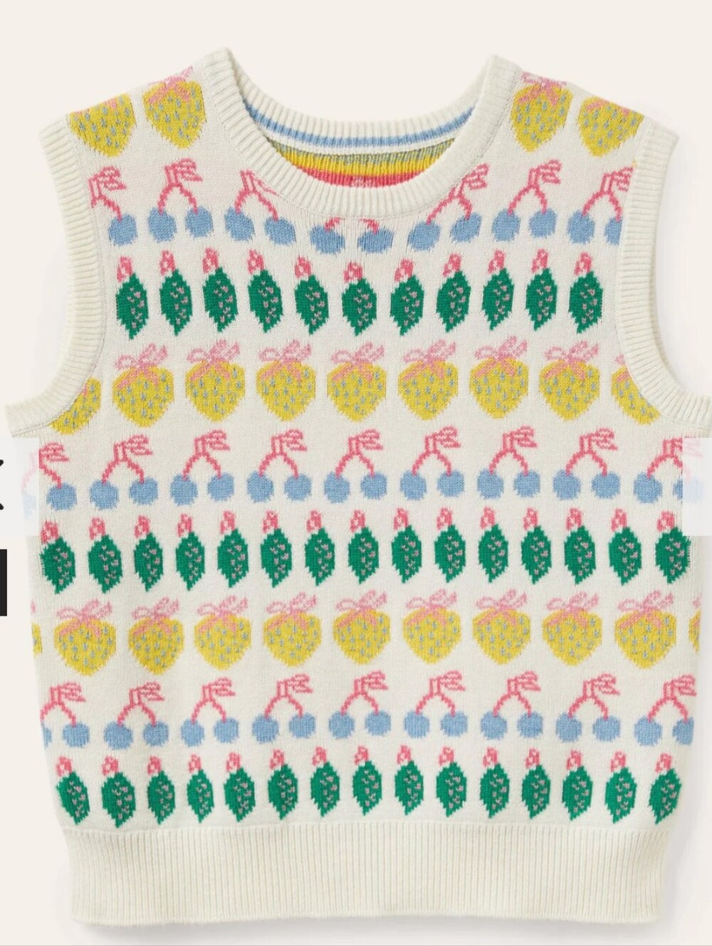 BODEN Cream Multicolor Knit Sweater Vest with Pink, Blue & Green Pattern